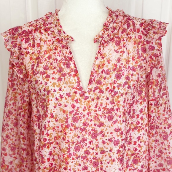 J. Crew Pink Floral Dainty Ruffle V-Neck Long Sleeve Blouse Medium - Picture 2 of 16